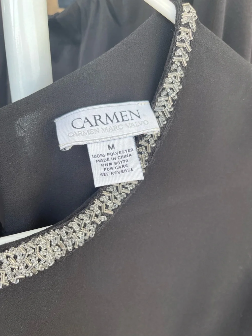 Carmen Marc Valvo Black Dress Top with Silver Beaded Neckline - Picture 3 of 3